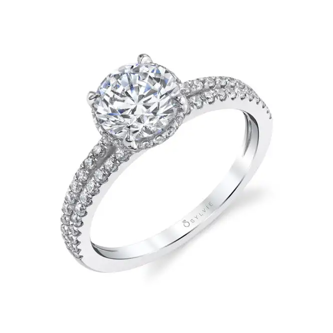 White Gold Round Cut Hidden Halo Engagement Ring With Split Shank