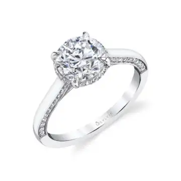 White Gold Round Cut Hidden Halo Engagement Ring with Diamond Profile - Calina