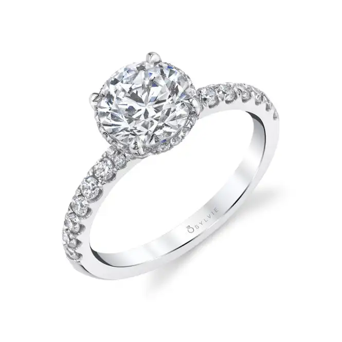 White Gold Round Cut Engagement Hidden Halo Ring