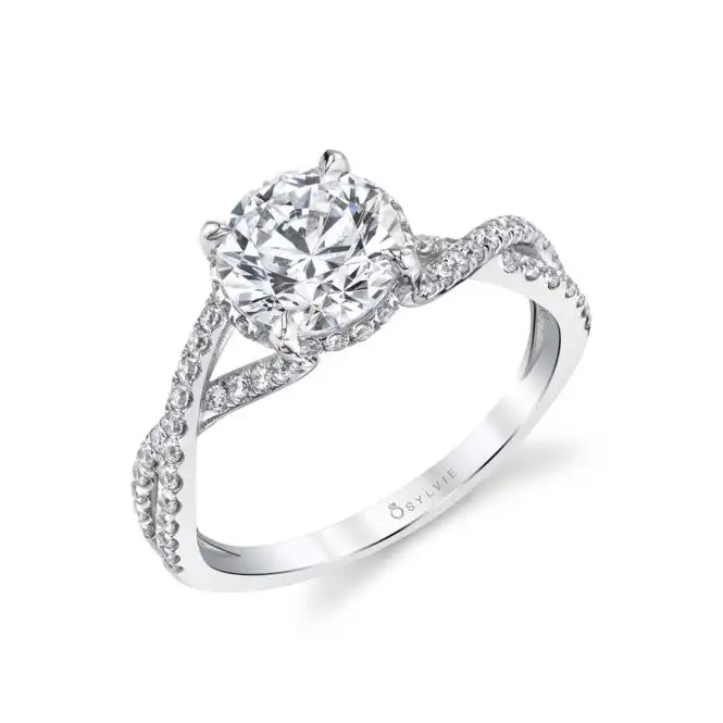 White Gold Round Cut Split Shank Twisted Hidden Halo Diamond Engagement Ring Profile View