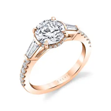 White Gold Round Cut Baguette Three Stone Engagement Ring - Isla