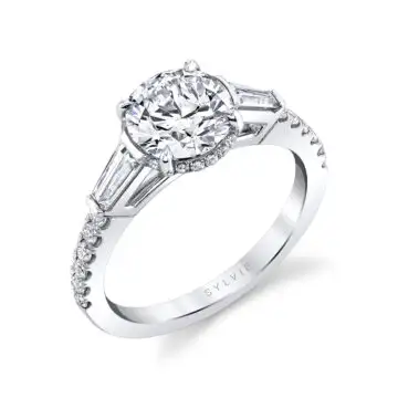 White Gold Round Cut Baguette Three Stone Engagement Ring - Isla