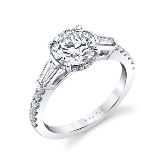 White Gold Round Cut Baguette 3 Stone Engagement Ring Profile VIew