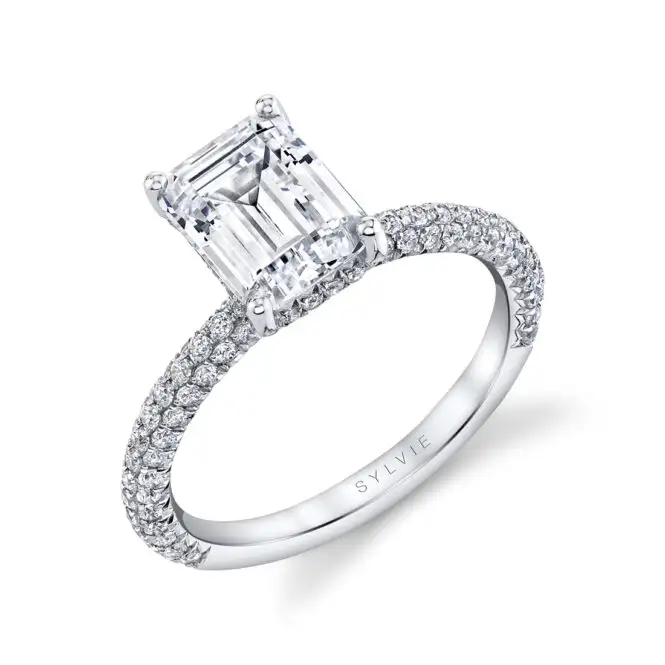 Emerald Cut Classic Pave Engagement Ring White Gold- Jayla