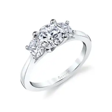 White Gold Round Cut Three Stone Engagement Ring with Oval Side Stones - Guinevere