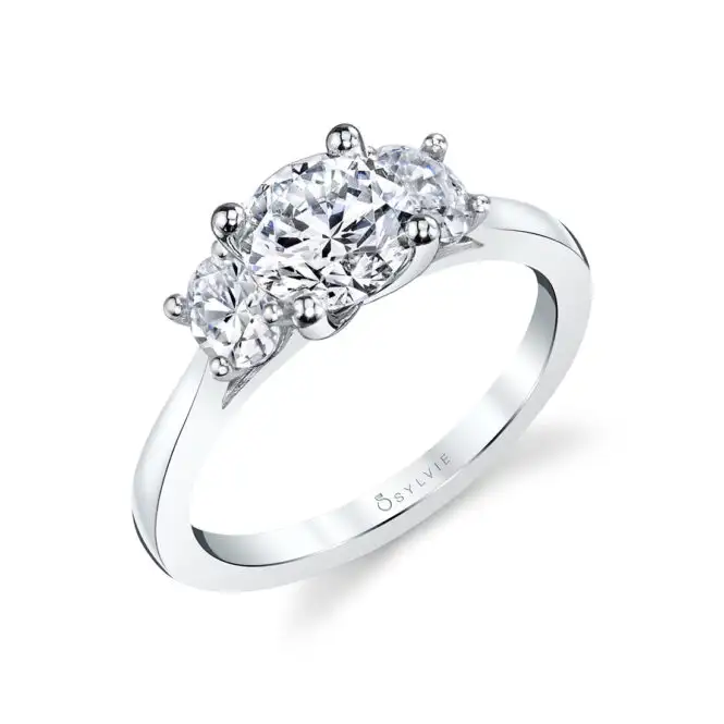 White Gold Round Cut Three Stone Engagement Ring with Oval Side Stones