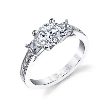 White Gold Round Cut Three Stone Engagement Ring with Princess Side Stones - Eva