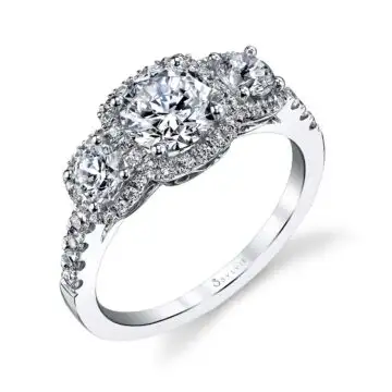 Round Cut Three Stone Cushion Halo Engagement Ring - Hannela