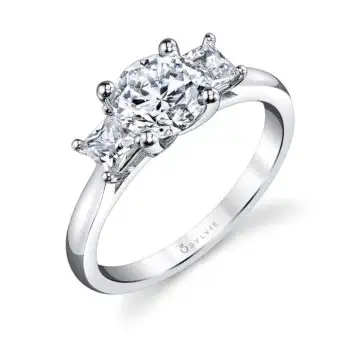 White Gold Round Cut Three Stone Engagement Ring with Princess Side Stones - Micheline