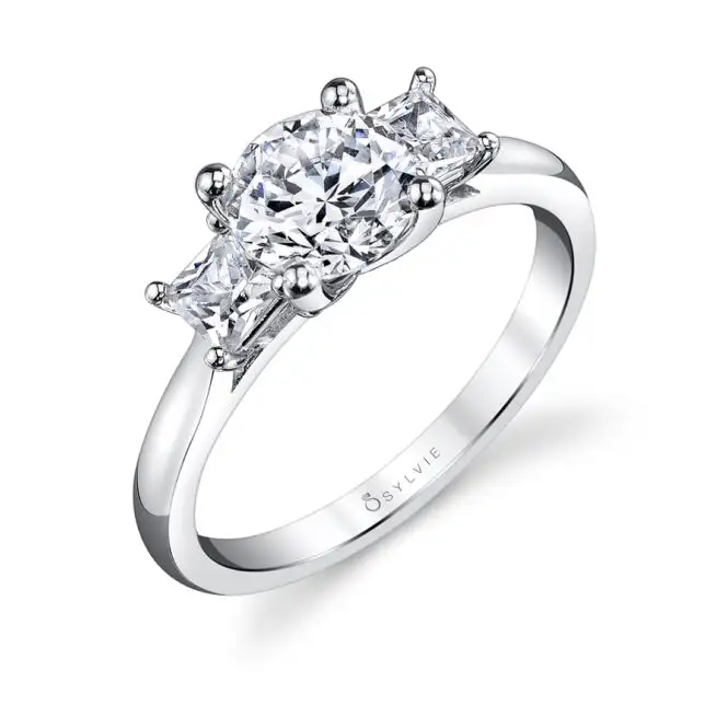 White Gold Three Stone Engagement Ring with Princess Side Stones