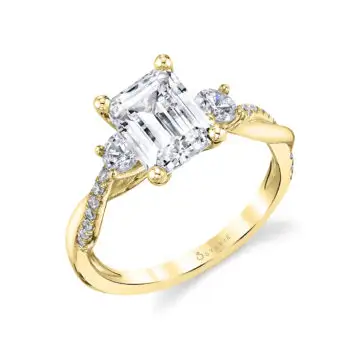 White Gold Emerald Cut Three Stone Spiral Engagement Ring - Evangeline