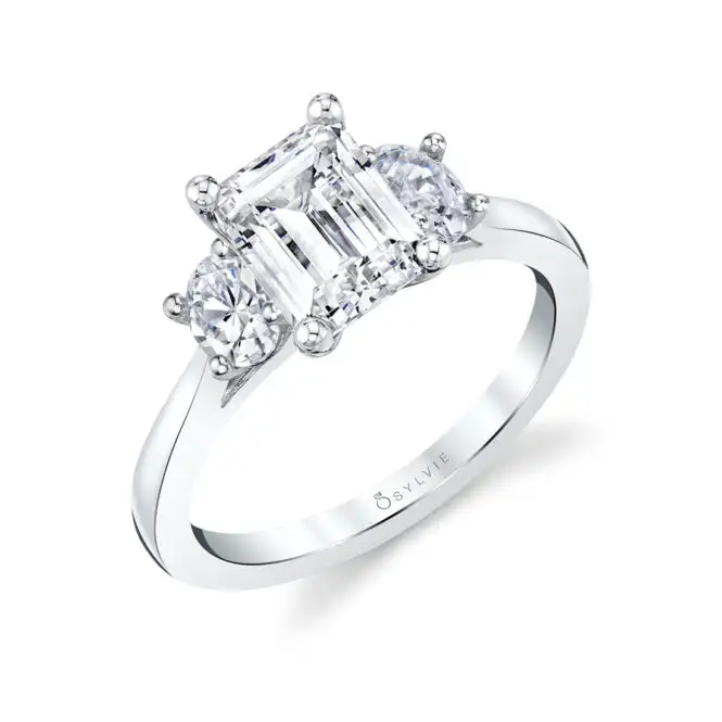 White Gold Three Stone Emerald Cut Engagement Ring