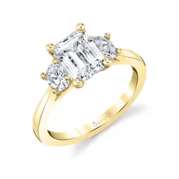 White Gold Three Stone Emerald Cut Engagement Ring - Guinevere