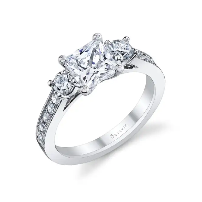 White Gold Three Stone Engagement Ring Profile View