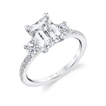 White Gold Emerald Cut Modern Three Stone Engagement Ring - Gemma