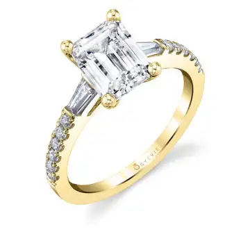 White Gold Emerald Cut Three Stone Engagement Ring with Baguettes - Leigh Ann