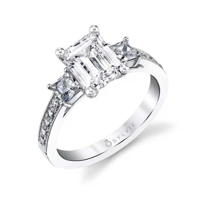 White Gold Emerald Cut Three Stone Engagement Ring With Princess Side Stones