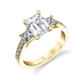 White Gold Emerald Cut Three Stone Engagement Ring With Princess Side Stones - Eva