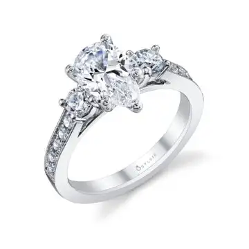 White Gold Pear Shaped Vintage Inspired Three Stone Engagement Ring - Noella