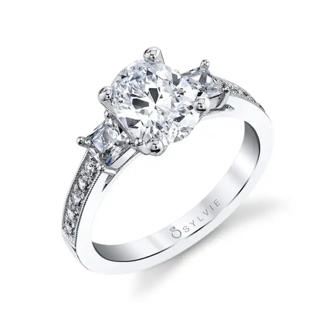 White Gold Oval Cut Three Stone Engagement Ring With Princess Side Stones