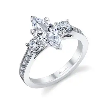 White Gold Marquise Cut Vintage Inspired Three Stone Engagement Ring - Noella