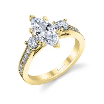 White Gold Marquise Cut Vintage Inspired Three Stone Engagement Ring - Noella