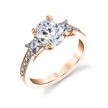 White Gold Oval Cut Three Stone Engagement Ring With Princess Side Stones - Eva