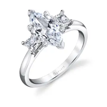 White Gold Marquise Cut Solitaire Three Stone Engagement Ring - Micheline