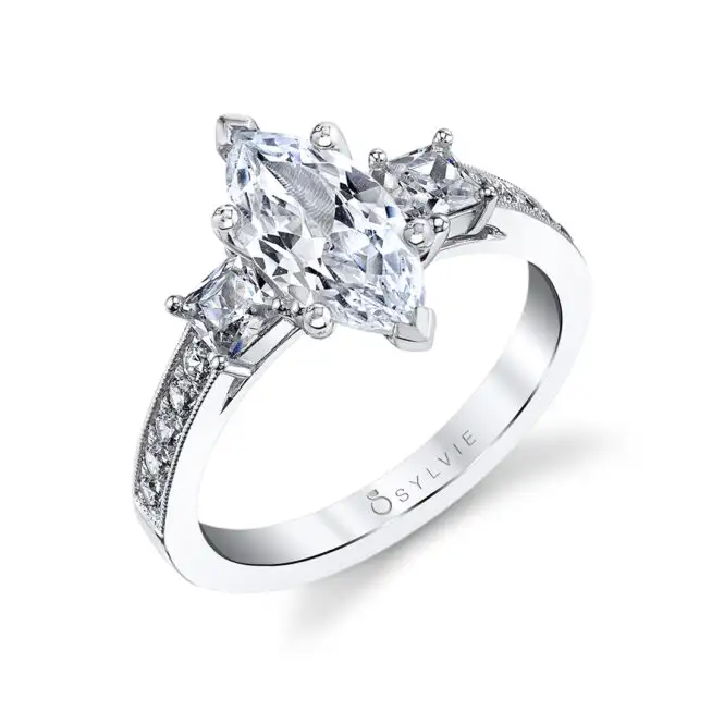 White Gold Three Stone Engagement Ring Profile View