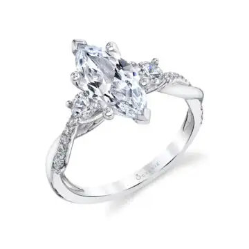 White Gold Marquise Cut Three Stone Spiral Engagement Ring - Evangeline