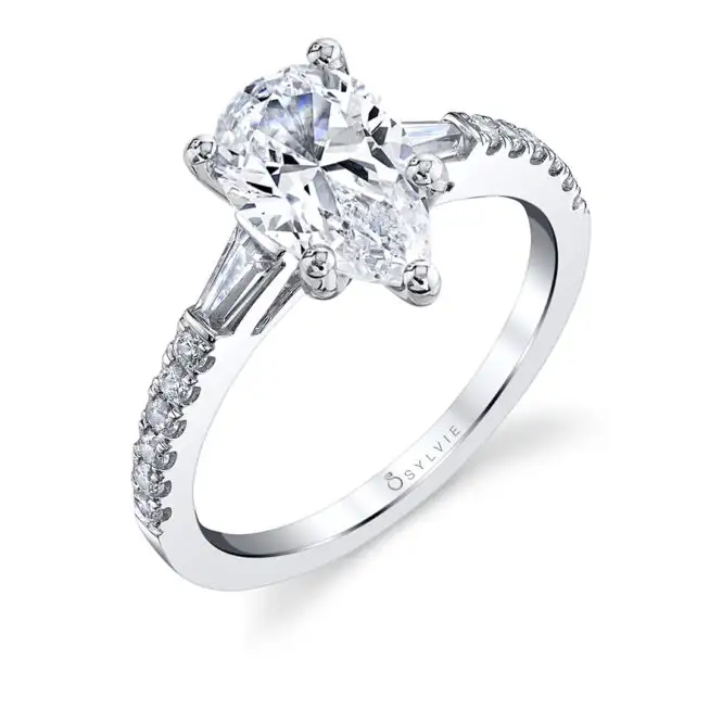 White Gold Pear Shaped Three Stone Engagement Ring with Baguettes