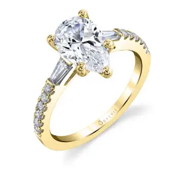 White Gold Pear Shaped Three Stone Engagement Ring with Baguettes - Leigh Ann