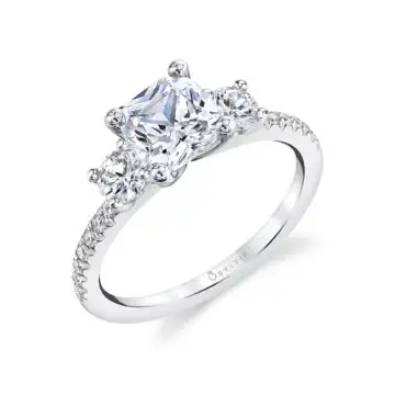 White Gold Cushion Cut Modern Three Stone Engagement Ring - Gemma