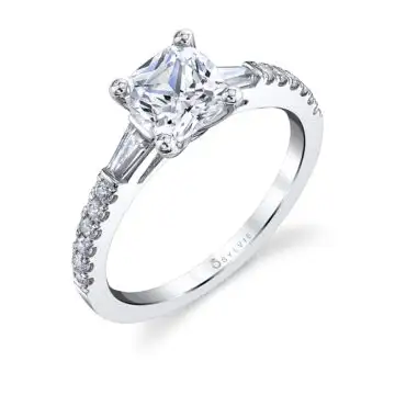 White Gold Cushion Cut Three Stone Engagement Ring with Baguettes - Leigh Ann