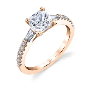 White Gold Cushion Cut Three Stone Engagement Ring with Baguettes - Leigh Ann