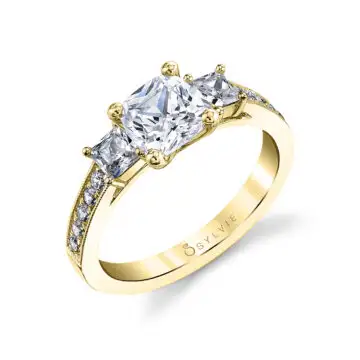 White Gold Cushion Cut Three Stone Engagement Ring With Princess Side Stones - Eva