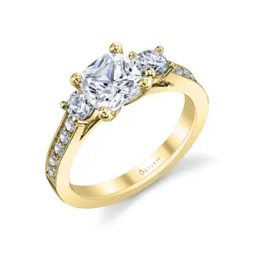 White Gold Cushion Cut Vintage Inspired Three Stone Engagement Ring - Noella