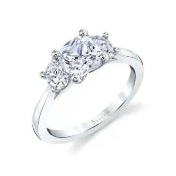 White Gold Cushion Cut Three Stone Engagement Ring - Guinevere