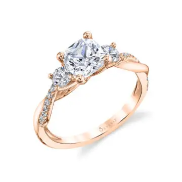 White Gold Cushion Cut Three Stone Spiral Engagement Ring - Evangeline