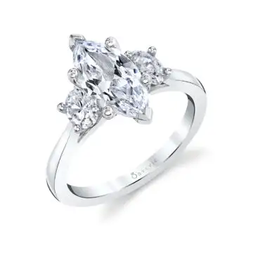 White Gold Marquise Engagement Ring with Oval Side Stones - Guinevere