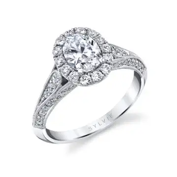 White Gold Oval Cut Unique Halo Engagement Ring - Naomi