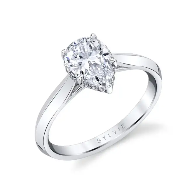 White Gold Pear Shaped Hidden Halo Solitaire Engagement Ring