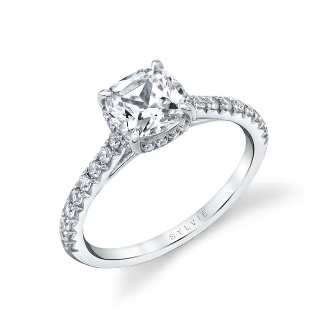 White Gold Cushion Cut Classic Hidden Halo Engagement Ring