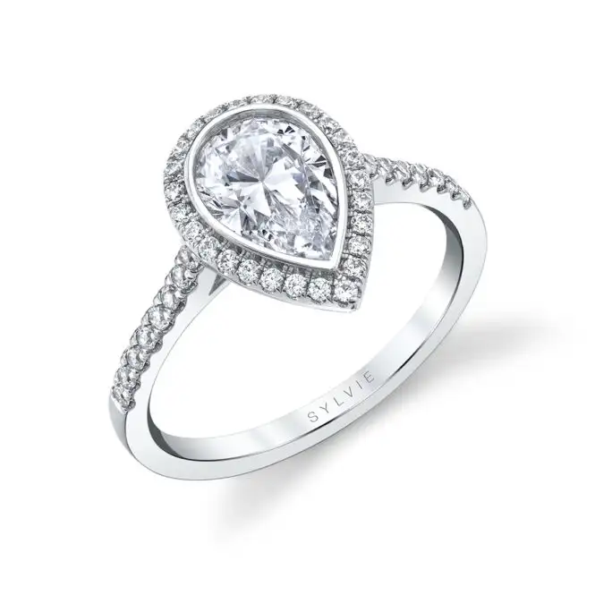 Pear Shaped White Gold Modern Bezel Halo Engagement Ring - Anita