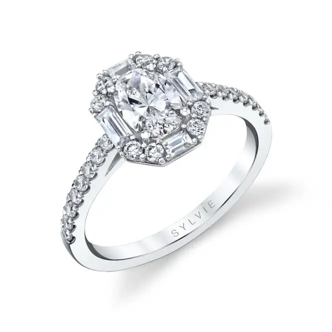 White Gold Oval Cut Modern Vintage Halo Engagement Ring