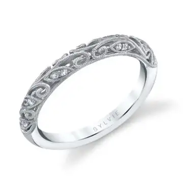 White Gold Round Cut Unique Vintage Wedding Band - Rochelle