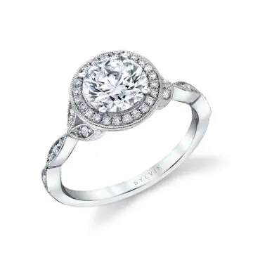 White Gold Round Cut Vintage Inspired Halo Engagement Ring - Georgienne