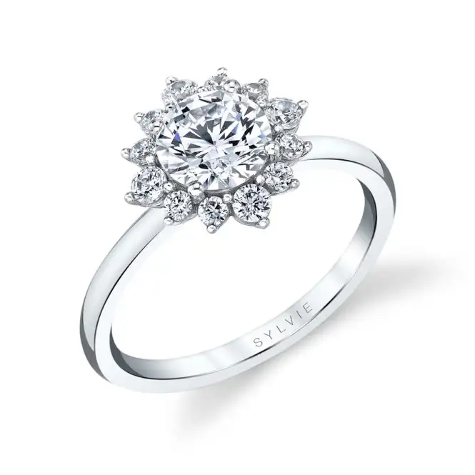 Unique Round Cut White Gold Halo Engagement Ring - Farrah