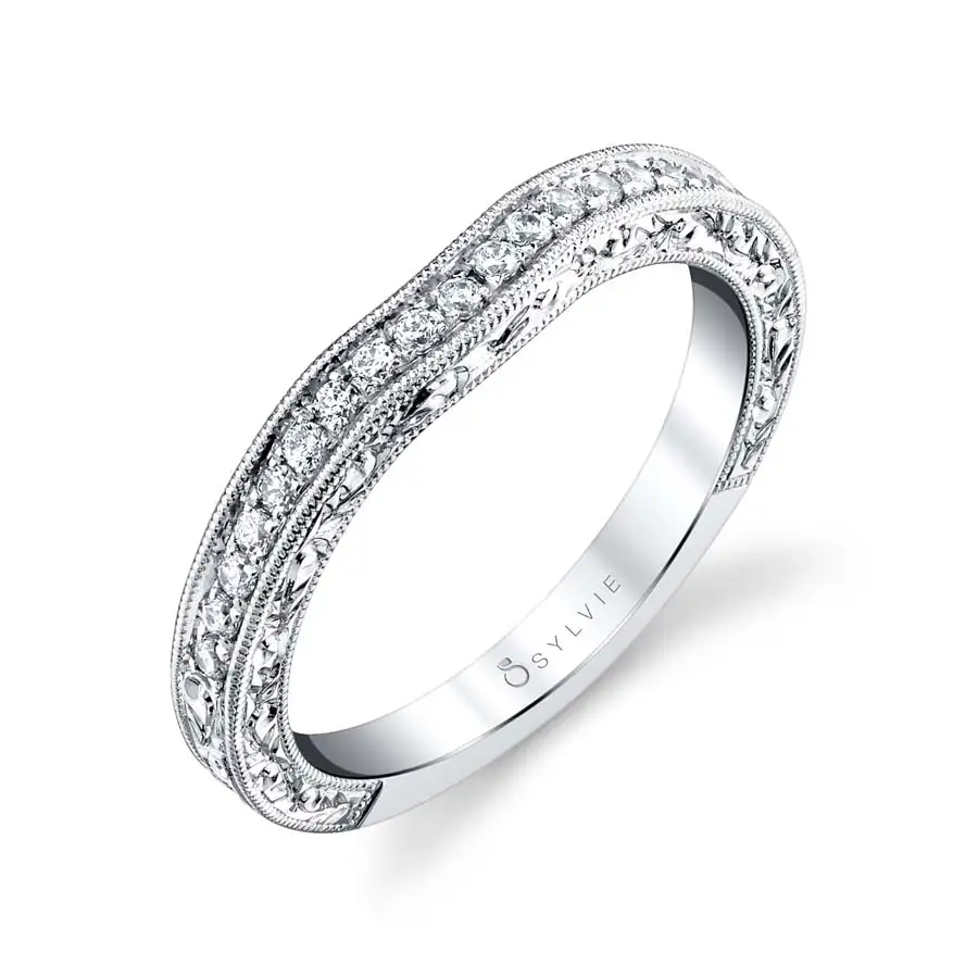 Curved Diamond Wedding Band with Milgrain Accents