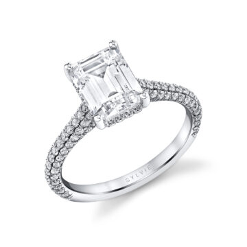 White Gold Emerald Cut Hidden Halo Pave Engagement Ring - Peighton